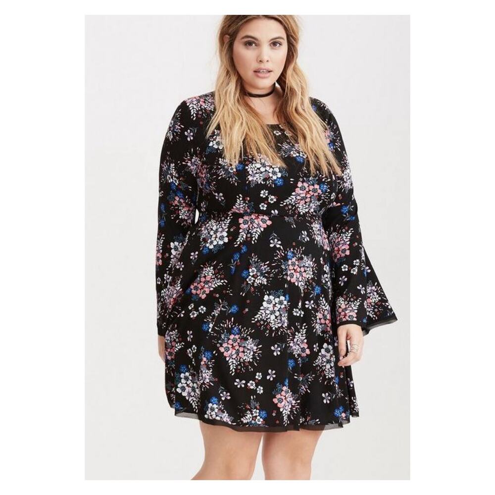 Torrid Black&Pink Floral Challis Mini Dress Sz.24W - Picture 2 of 14